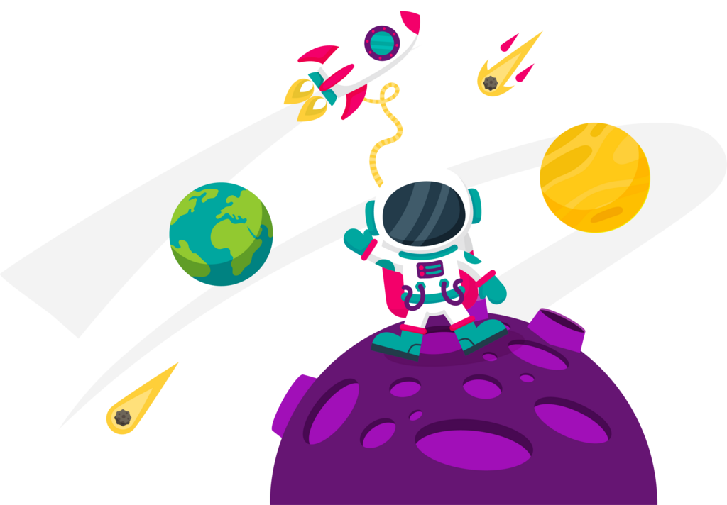 Astronaut waving from a moon with a rocket flying by