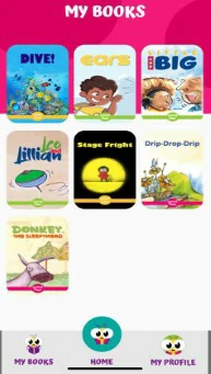 Mobile App Screenshots: Collection of screenshots from the Pupila interactive storytelling app showing various features, book categories, and engaging animations for kids