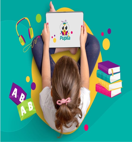 Download the Pupila App: A captivating design encouraging users to download the Pupila app for an interactive and fun reading experience for kids